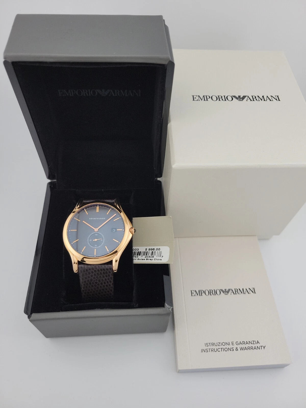 $995 MSRP | Emporio Armani Men’s Gold Tone Black Leather Band Watch – ARS1003