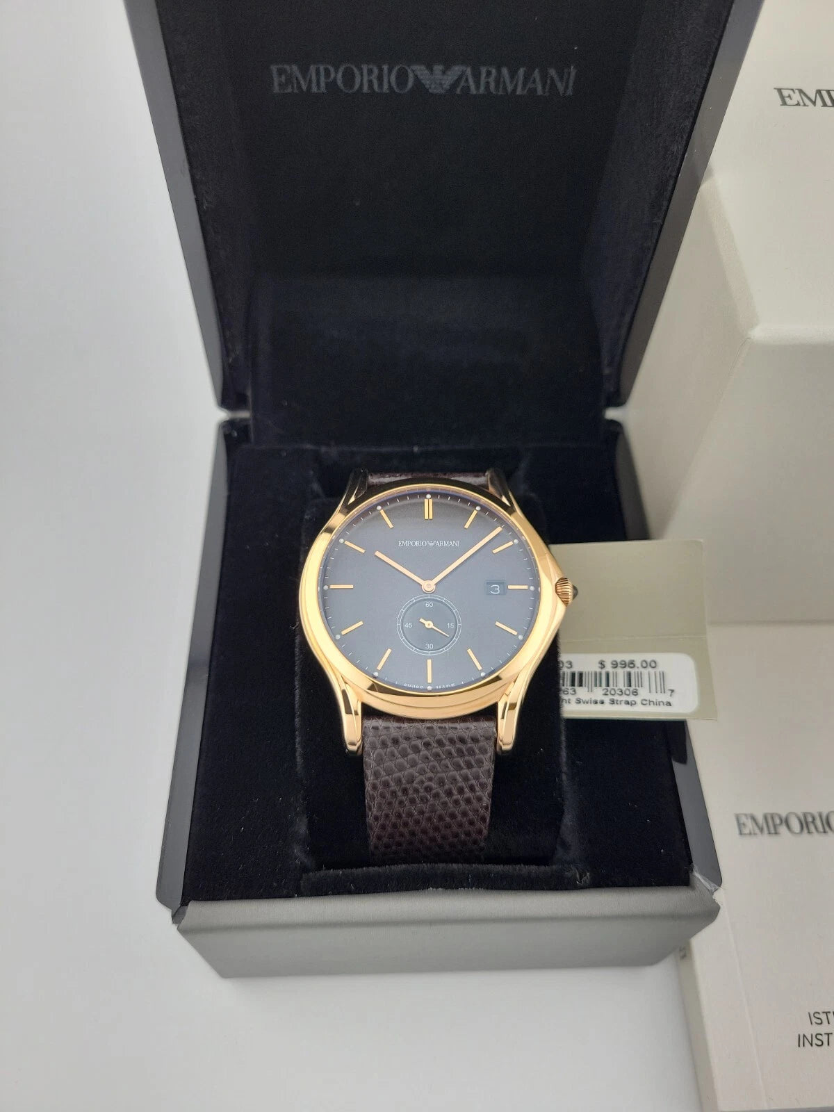 $995 MSRP | Emporio Armani Men’s Gold Tone Black Leather Band Watch – ARS1003