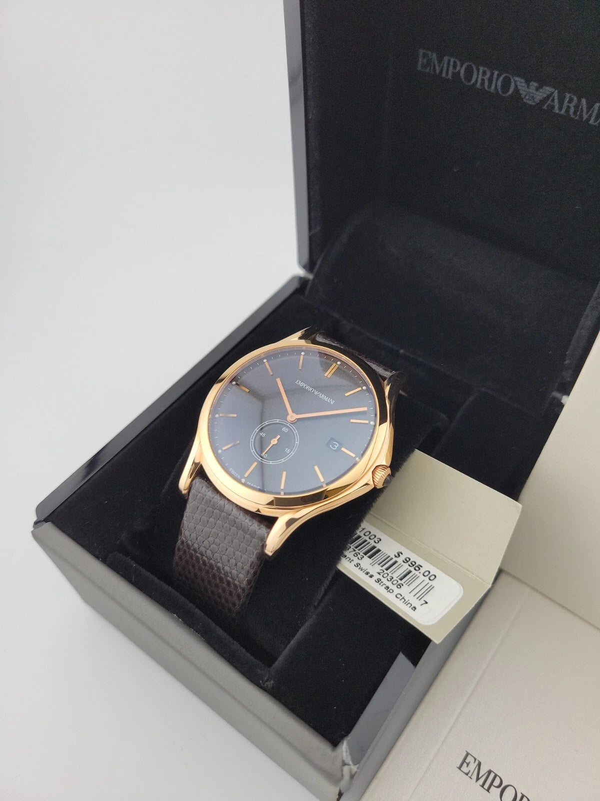 $995 MSRP | Emporio Armani Men’s Gold Tone Black Leather Band Watch – ARS1003