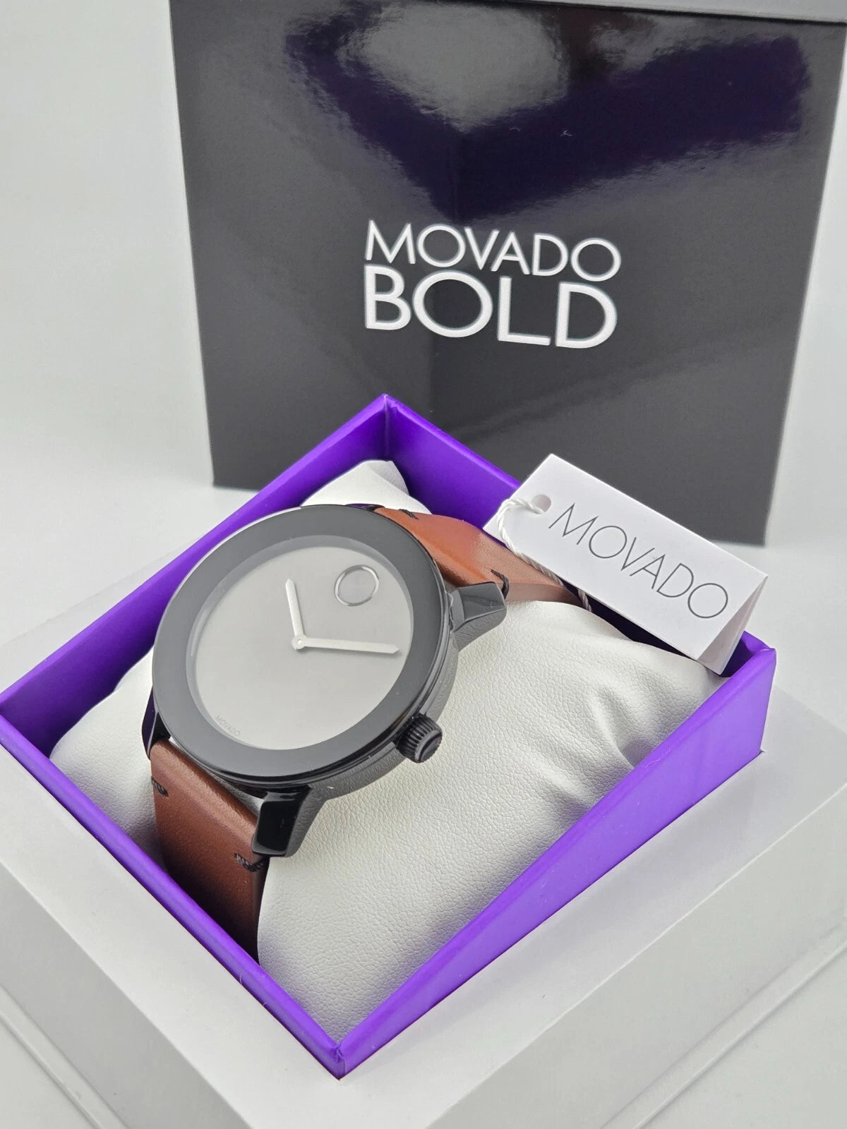 Movado Bold Men’s Gray Dial Brown Leather Watch - 3600442