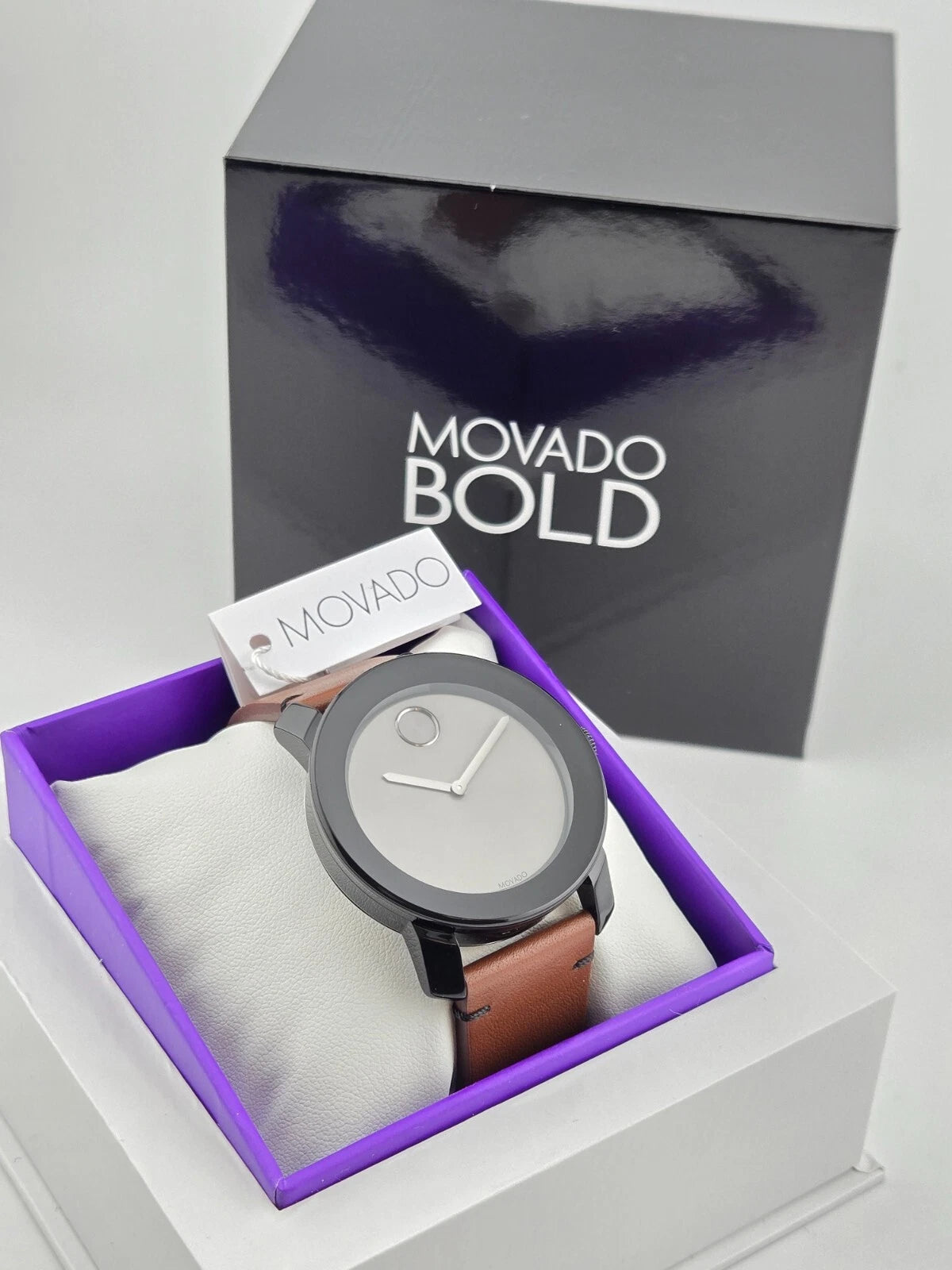 Movado Bold Men’s Gray Dial Brown Leather Watch - 3600442